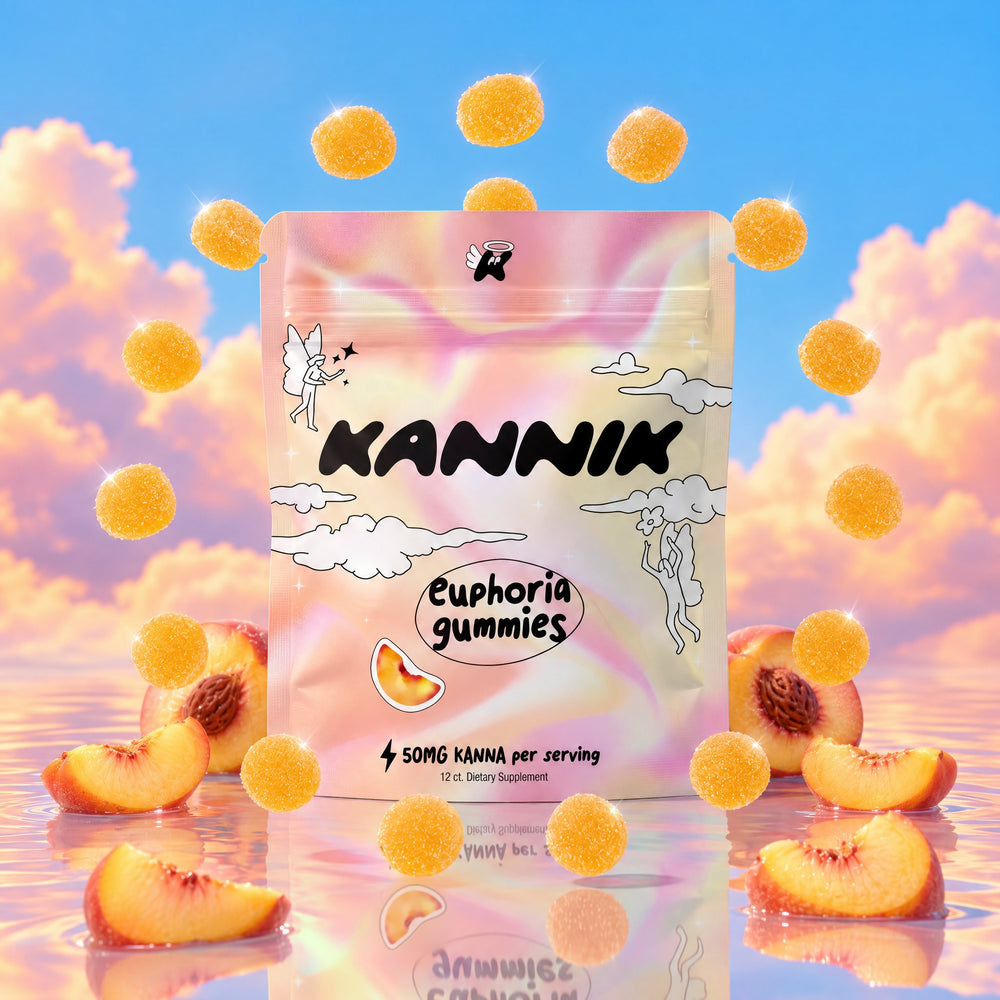 Kannik Peach Glow euphoria gummies pouch with peach slices and gummies
