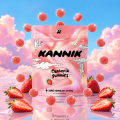 Kannik Strawberry Bliss euphoria gummies pouch with strawberries and gummies